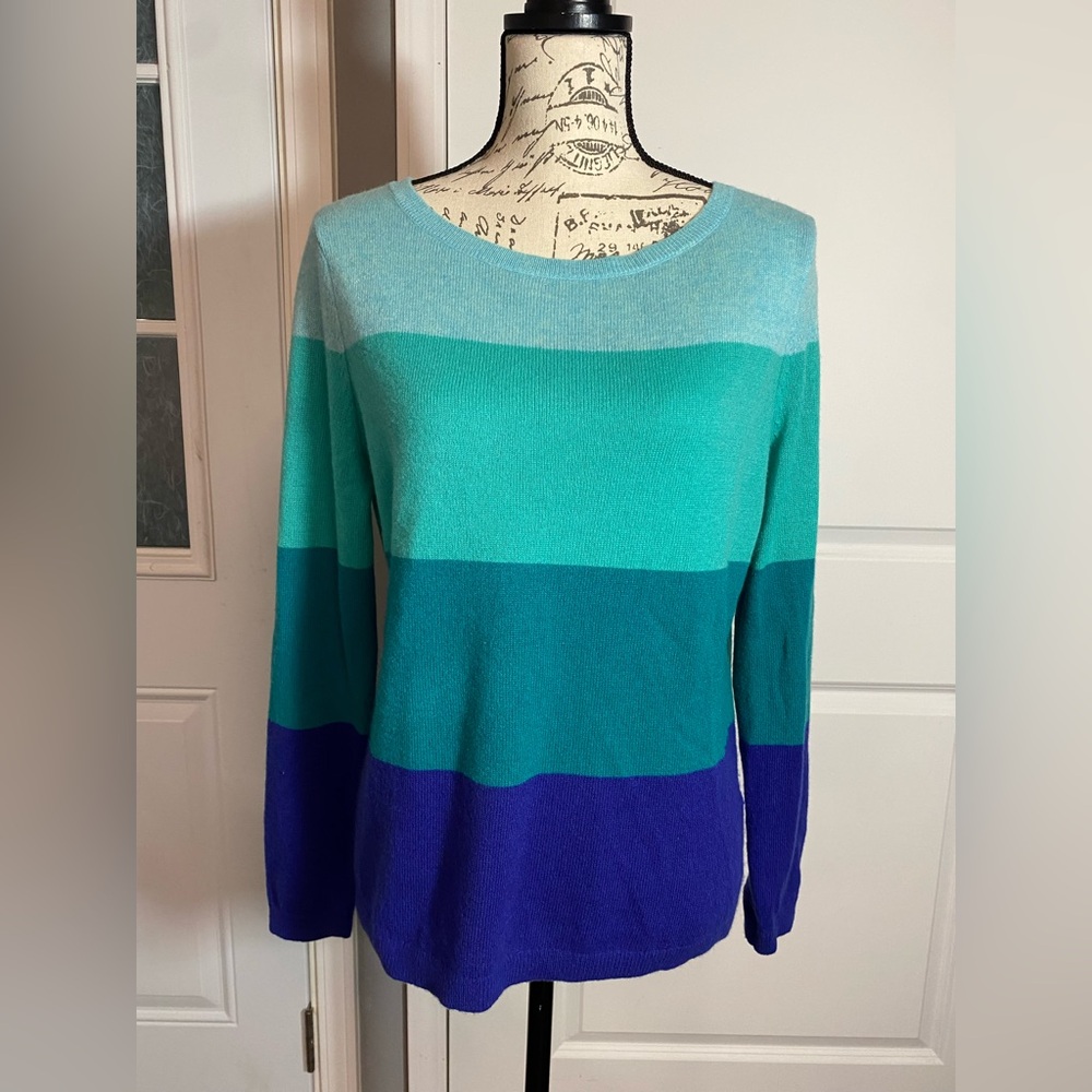 Lands' End 100% Cashmere Blue & Green (Teal &Aqua) Colorblock Sweater Medium/M E